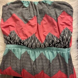 Strapless Chevron Colorblock Dress in Coral, Aqua & Black